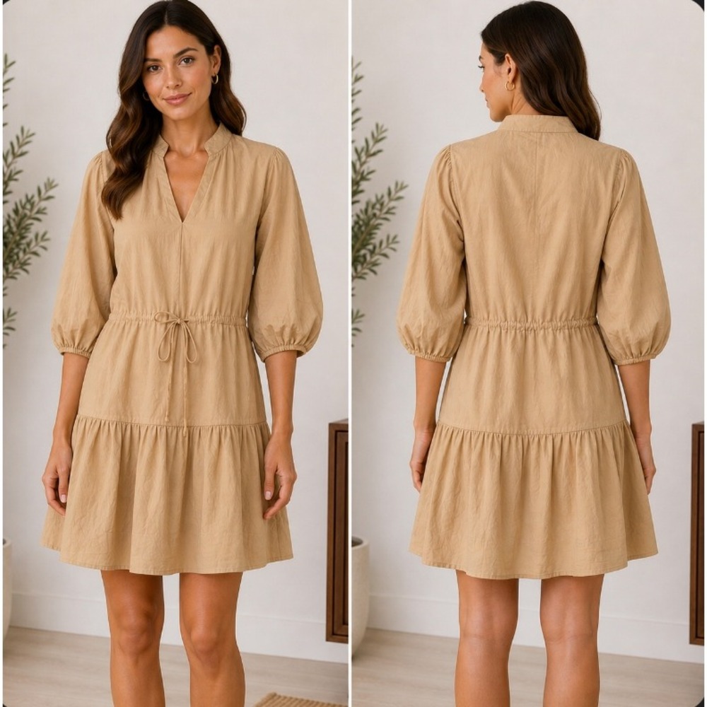 SWF A Line Poplin Mini Dress Small Tiered Puff Sleeve Bohemian Light Brown‎